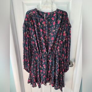 Free People Dark Floral Fields Ruffle Mini Dress Boho Peasant NWT